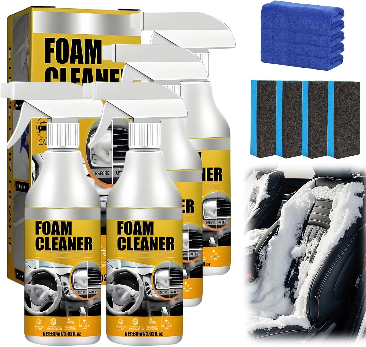 Multi Purpose Foam Cleaner, Multifunctional Car Foam Cleaner, All Purpose Rinse-Free Cleaning Spray, Upholstery Cleaner for Car, Kitchen, Bathroom, Interior and House (3, 4 PCS)