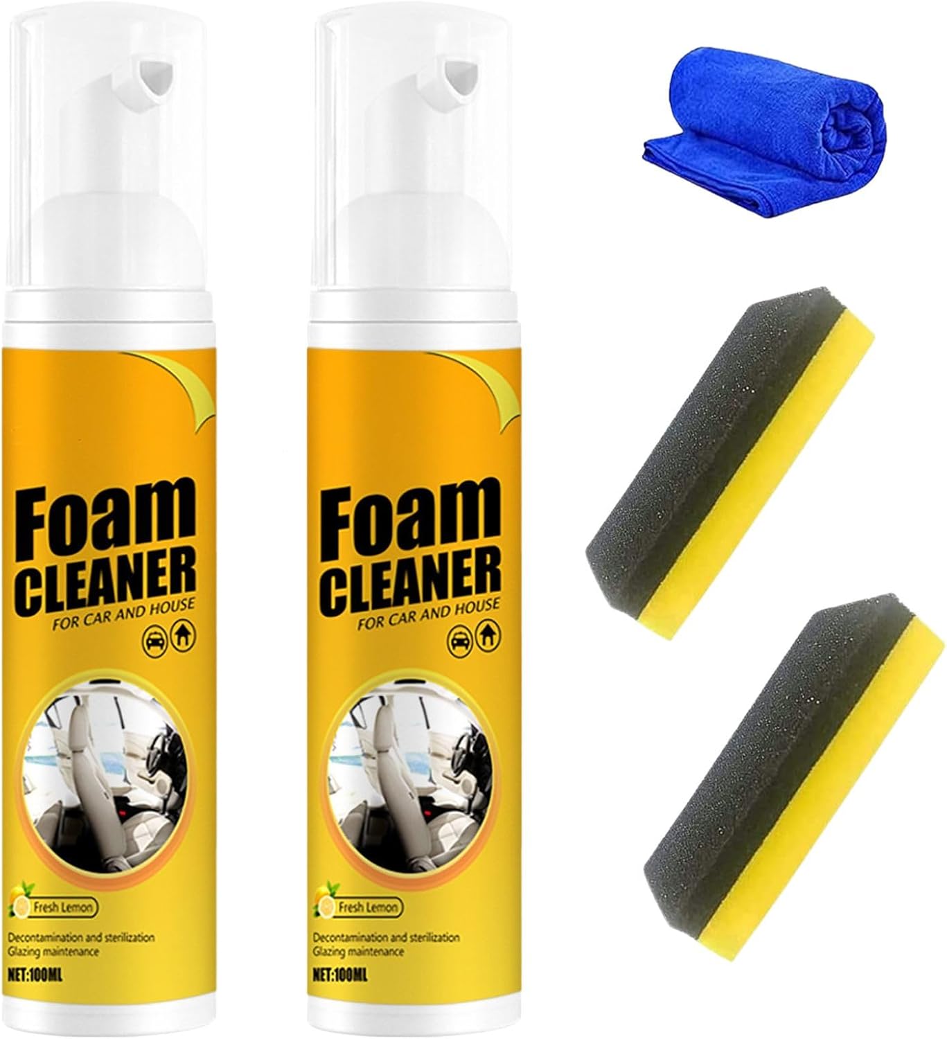 2PCS Multipurpose Foam Cleaner, Foam Cleaner All Purpose for Car, Kitchen, Bathroom, Interior and House Lemon Flavor(100ml*2)
