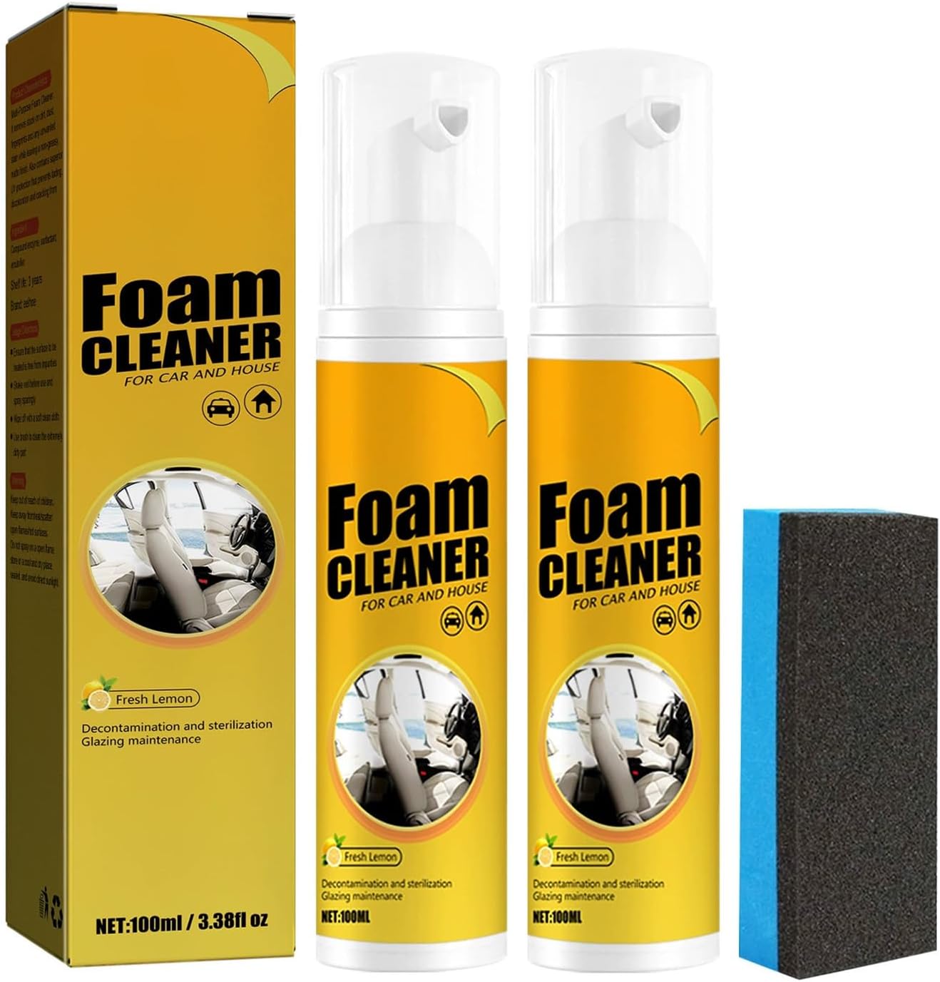 2 Pack Foam Cleaner for Car,Multifunctional Lemon-scented Magic Foaming Cleaners,Car Interior Foam Cleaner