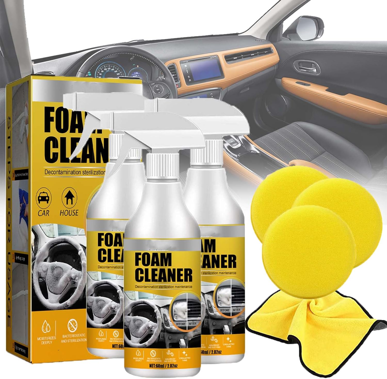 Car Interior Foam Refinisher Cleaner, All Around Master Foam Cleaner, Multi Purpose Foam Cleaner for car, All Purpose Rinse Cleaning Foam, Foam Cleaner All Purpose for Car and Kitchen (3PCS)